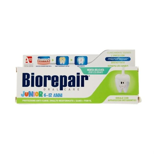 Biorepair: Oral Care Junior 7-14 Years Toothpaste, Fluoride Free, with Mint Extract - 2.53 Fluid Ounces (75ml) Tubes (Pack of 6) [ Italian Import ]