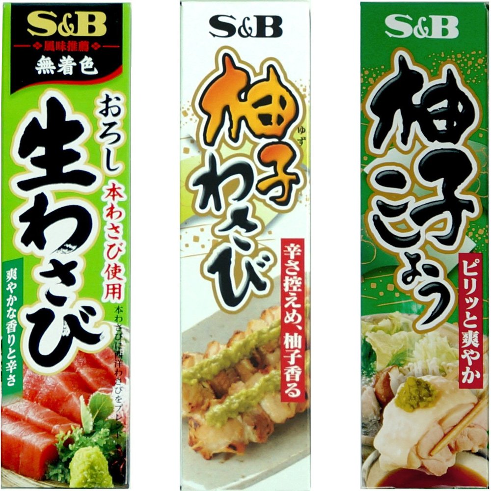 Assortment of Japanese Seasoning S&B Wasabi(Grated Raw Wasabi), Yuzu(Citron) Wasabi, Yuzu Kosho (Citron Pepper)