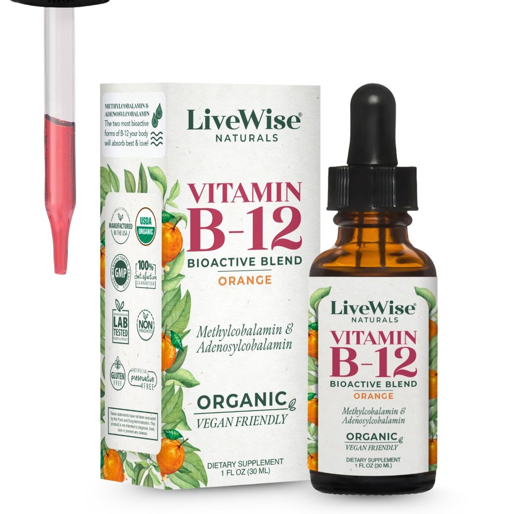 Organic Vitamin B12 1000 mcg Sublingual Liquid Drops For Adults, 6 Months Supply 1 oz, Methylcobalamin & Adenosylcobalamin - Bioactive Blend for Energy, Clarity & Focus - Vegan, Non-GMO, Orange Flavor