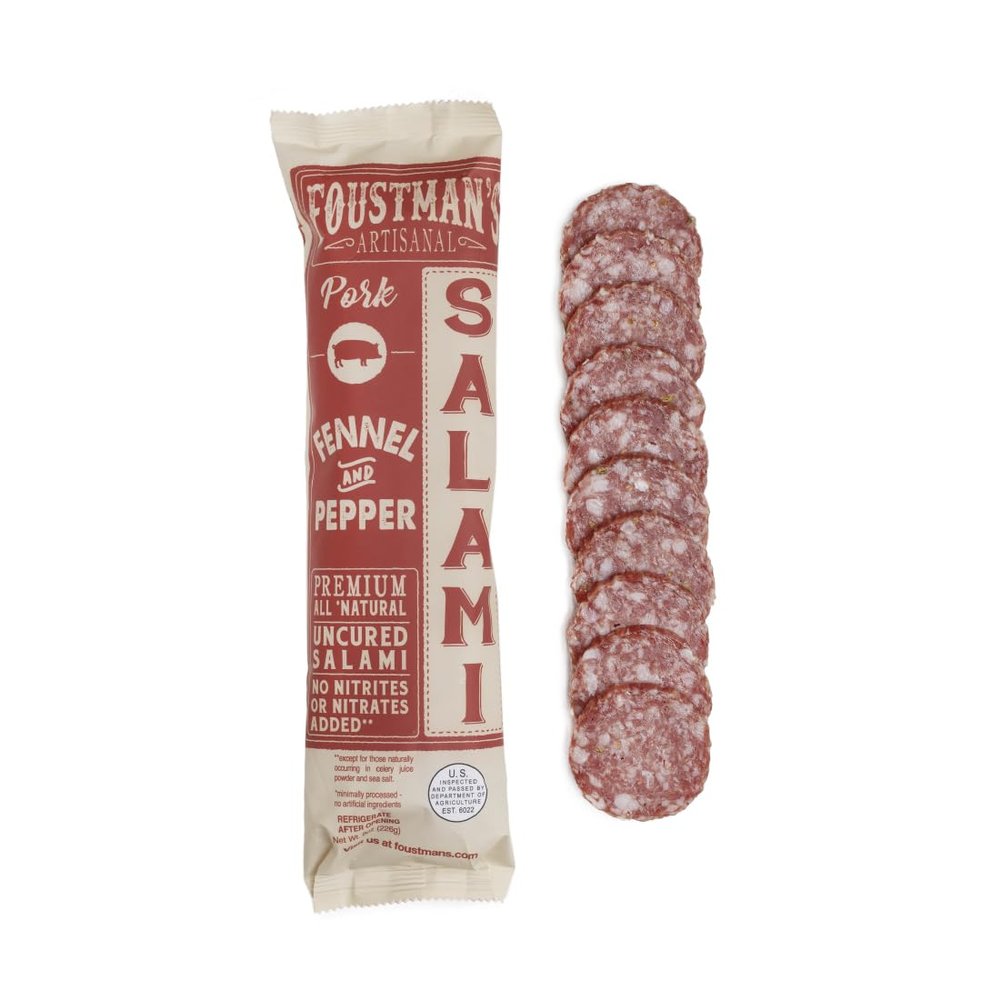Foustman's Salami Fennel and Pepper Pork Artisanal, Nitrate-Free, Naturally Cured, Gluten-Free, Dairy-Free, 8 Oz Sticks