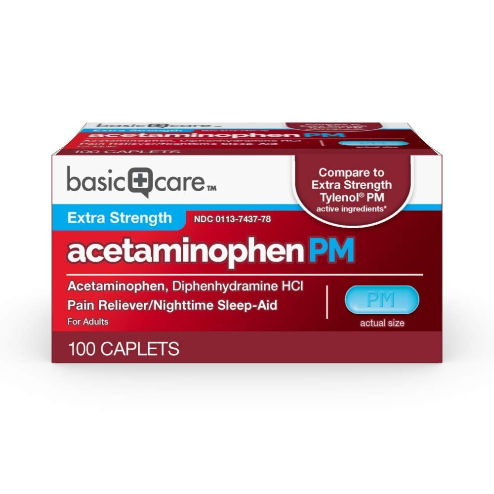 Amazon Basic Care Acetaminophen PM, Pain Reliever Plus Nighttime Sleep Aid Caplet, 100 Count