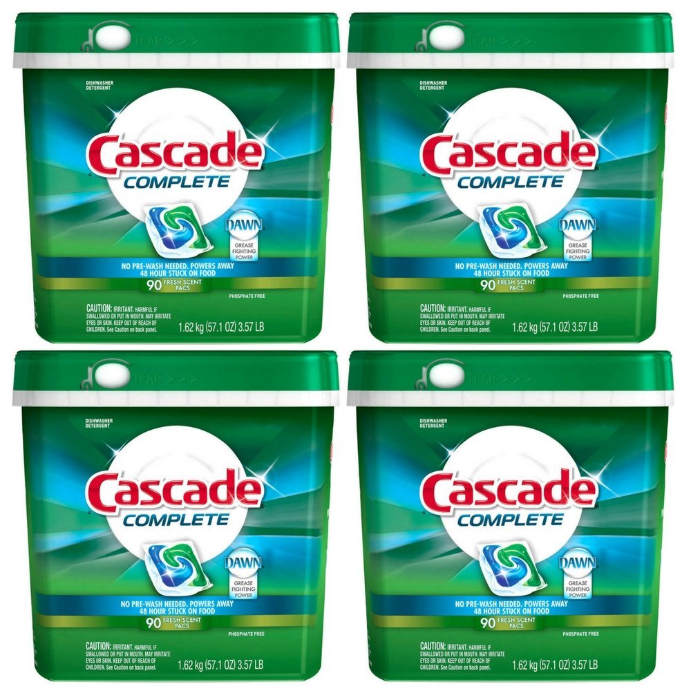 Cascade Complete Dishwasher Detergent, with Dawn Grease Fighting Power, 90 Fresh Scent Action Pacs (Pack of 4)