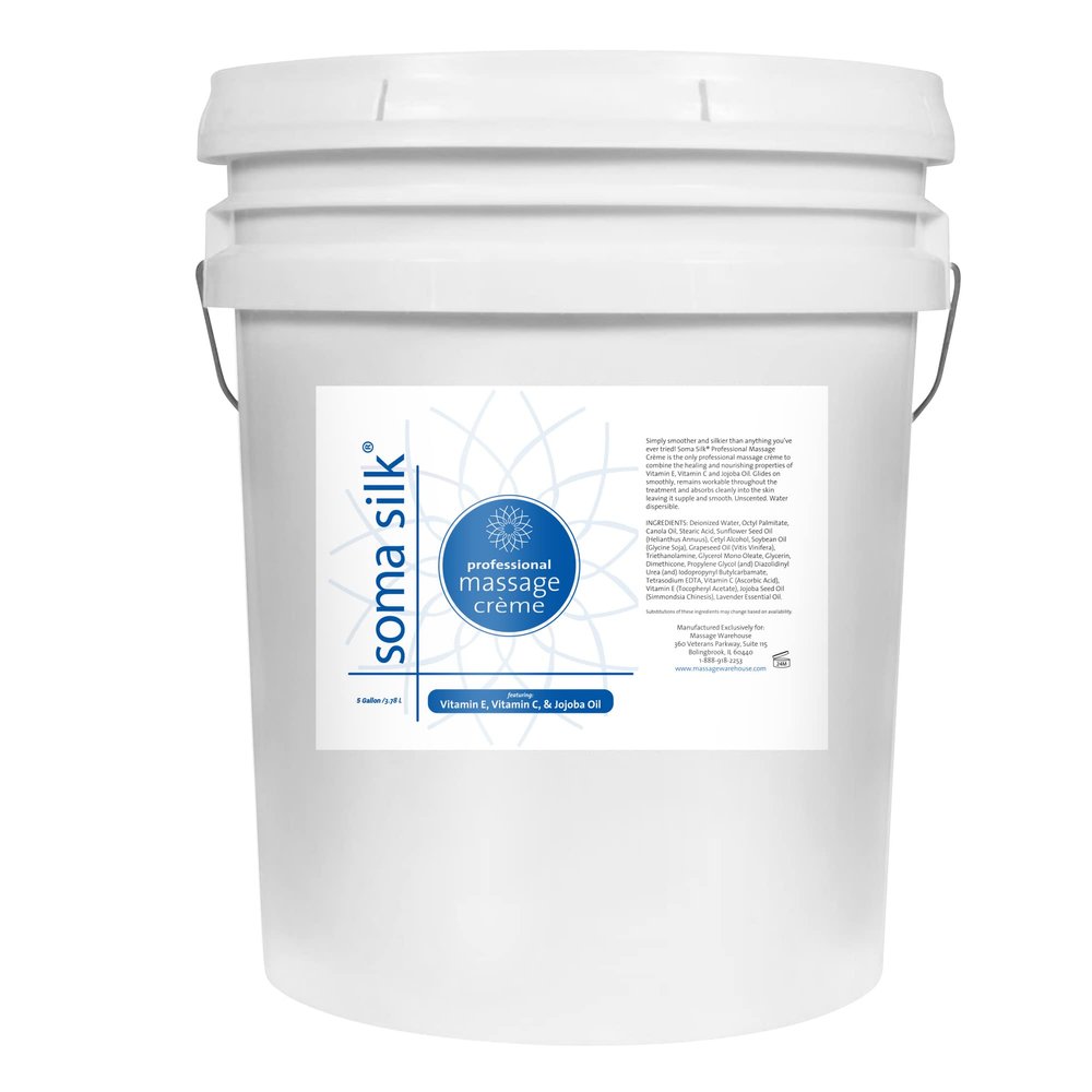 Soma Silk Professional Massage Cream, 5 Gallon - Smooth & Silky Massage Creme for Massage Therapy - Calendula & Jojoba Oils - Long Lasting Glide - Washes Clean from Linens - Spa & Therapist Supplies