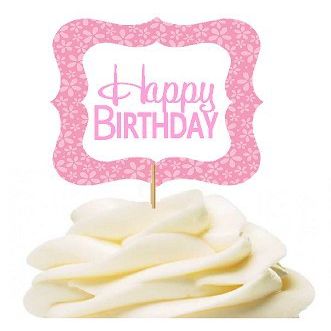 12pack Happy Birthday Light Pink Flower Birthday Party CUpcake Desert Appetizer Food Decoration Picks