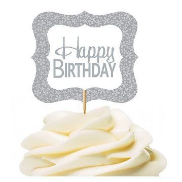 12pack Happy Birthday Grey Flower Birthday Party CUpcake Desert Appetizer Food Decoration Picks