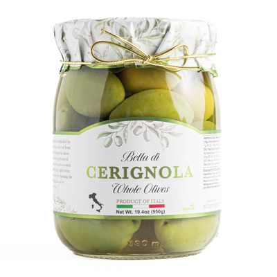Giusto Sapore Italian Green Bella Di Cerignola Olives - Whole - Premium Gourmet GMO Free - Imported from Italy and Family Owned - 19.4oz