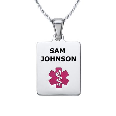 Divoti Deep Custom Laser Engraved Stainless Steel Medical Alert Necklace for Women, Sleek Tag Medical ID Necklace, Medical Pendant Tag w/Free Engraving -24/28" Twist Rope Chain -TP Magenta