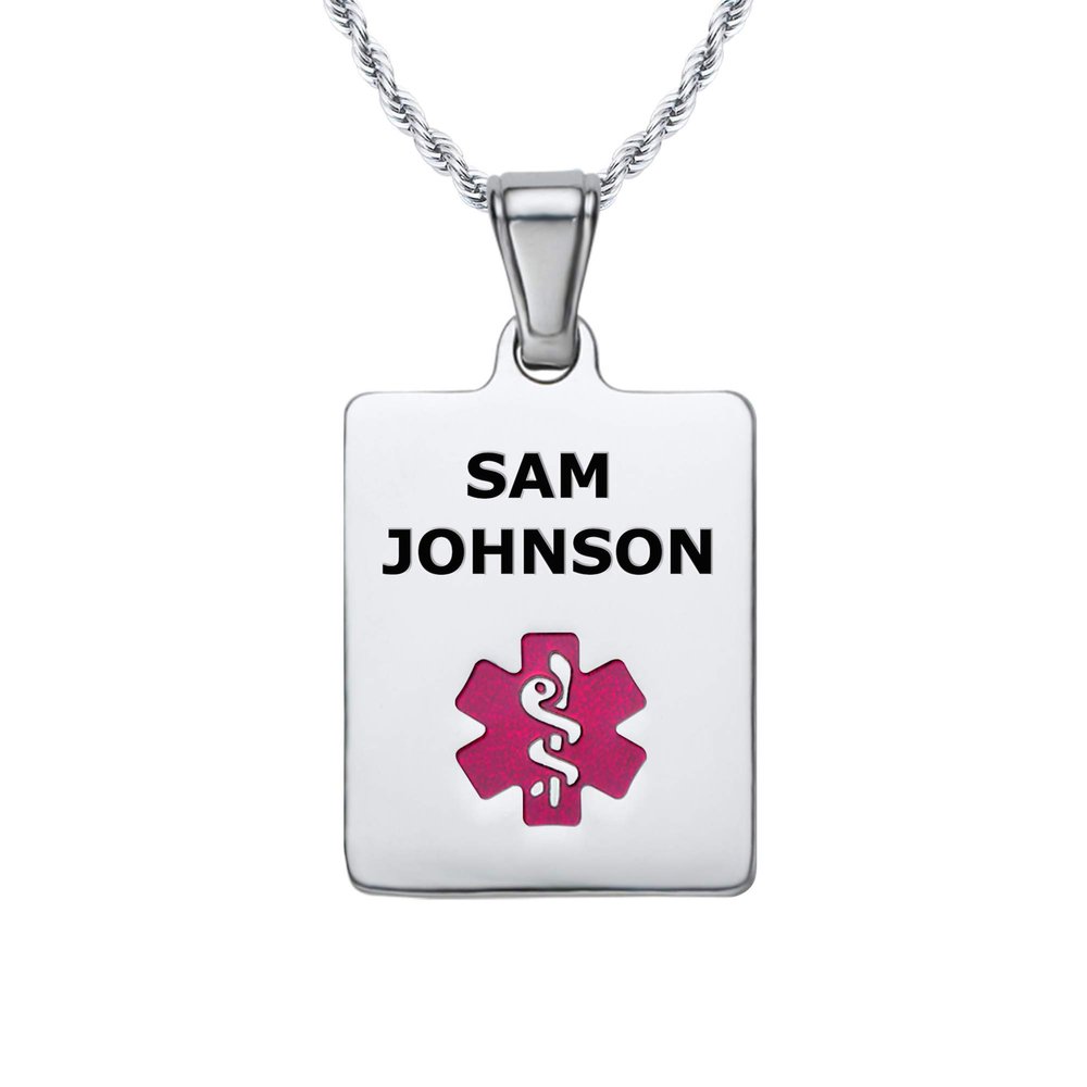 Divoti Deep Custom Laser Engraved Stainless Steel Medical Alert Necklace for Women, Sleek Tag Medical ID Necklace, Medical Pendant Tag w/Free Engraving -24/28" Twist Rope Chain -TP Magenta