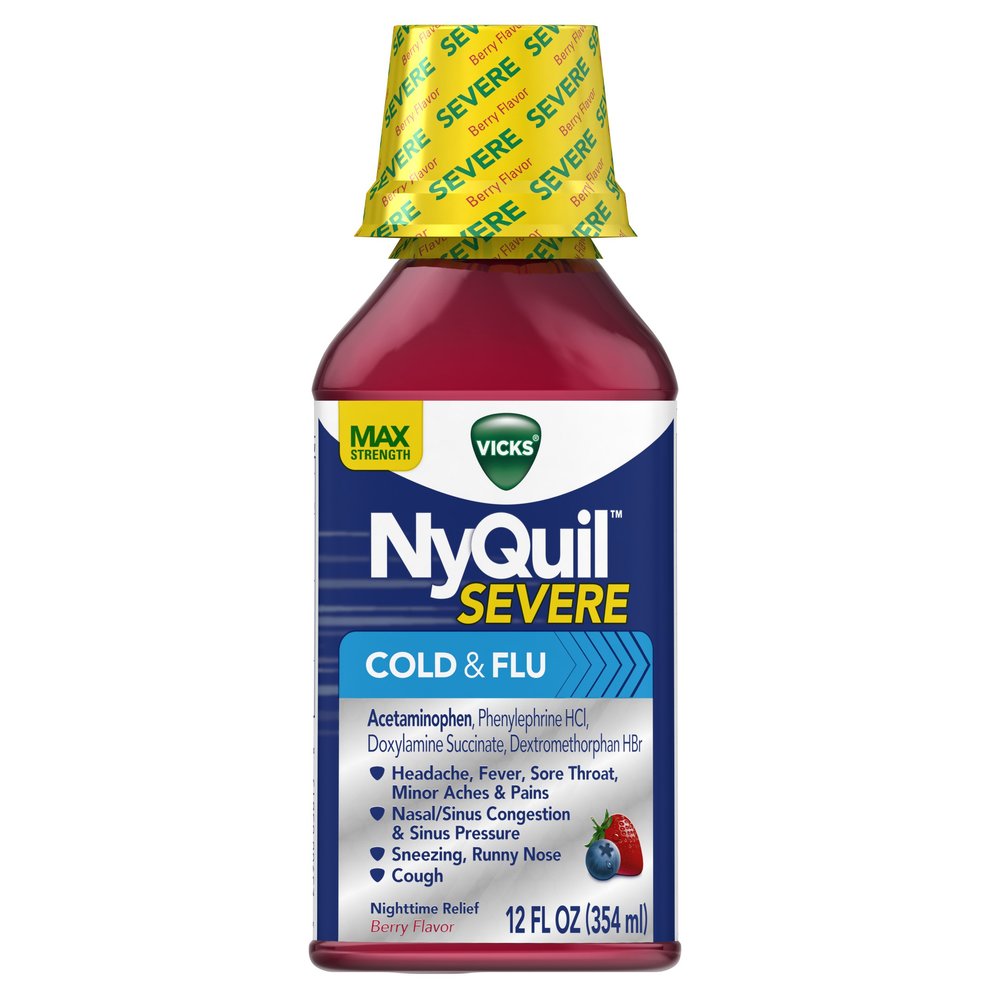 Vicks NyQuil Severe Cough Cold and Flu Nighttime Relief, Berry Flavor Liquid, 12 Fl Oz