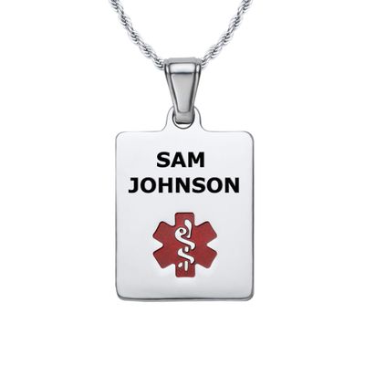 Divoti Deep Custom Laser Engraved Stainless Steel Medical Alert Necklace for Women, Sleek Tag Medical ID Necklace, Medical Pendant Tag w/Free Engraving -24/28" Twist Rope Chain -TP Red