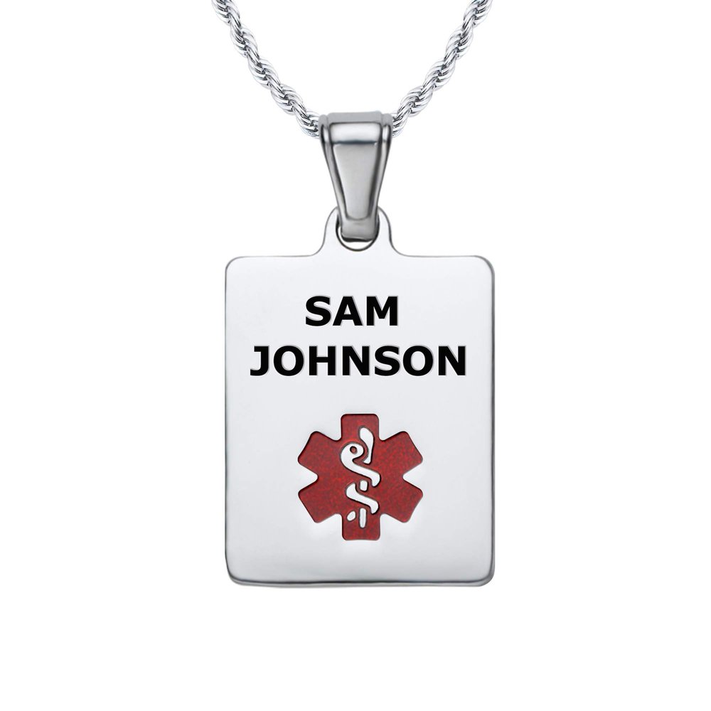 Divoti Deep Custom Laser Engraved Stainless Steel Medical Alert Necklace for Women, Sleek Tag Medical ID Necklace, Medical Pendant Tag w/Free Engraving -24/28" Twist Rope Chain -TP Red