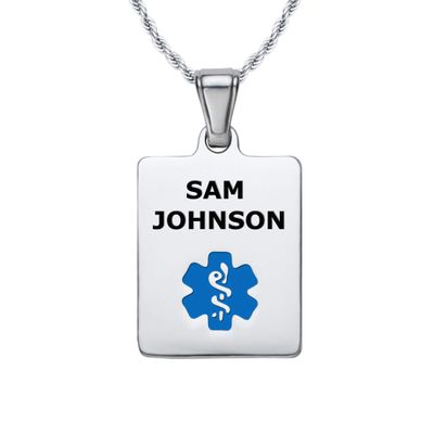 Divoti Deep Custom Laser Engraved Stainless Steel Medical Alert Necklace for Women, Sleek Tag Medical ID Necklace, Medical Pendant Tag w/Free Engraving -24/28" Twist Rope Chain -Light Blue