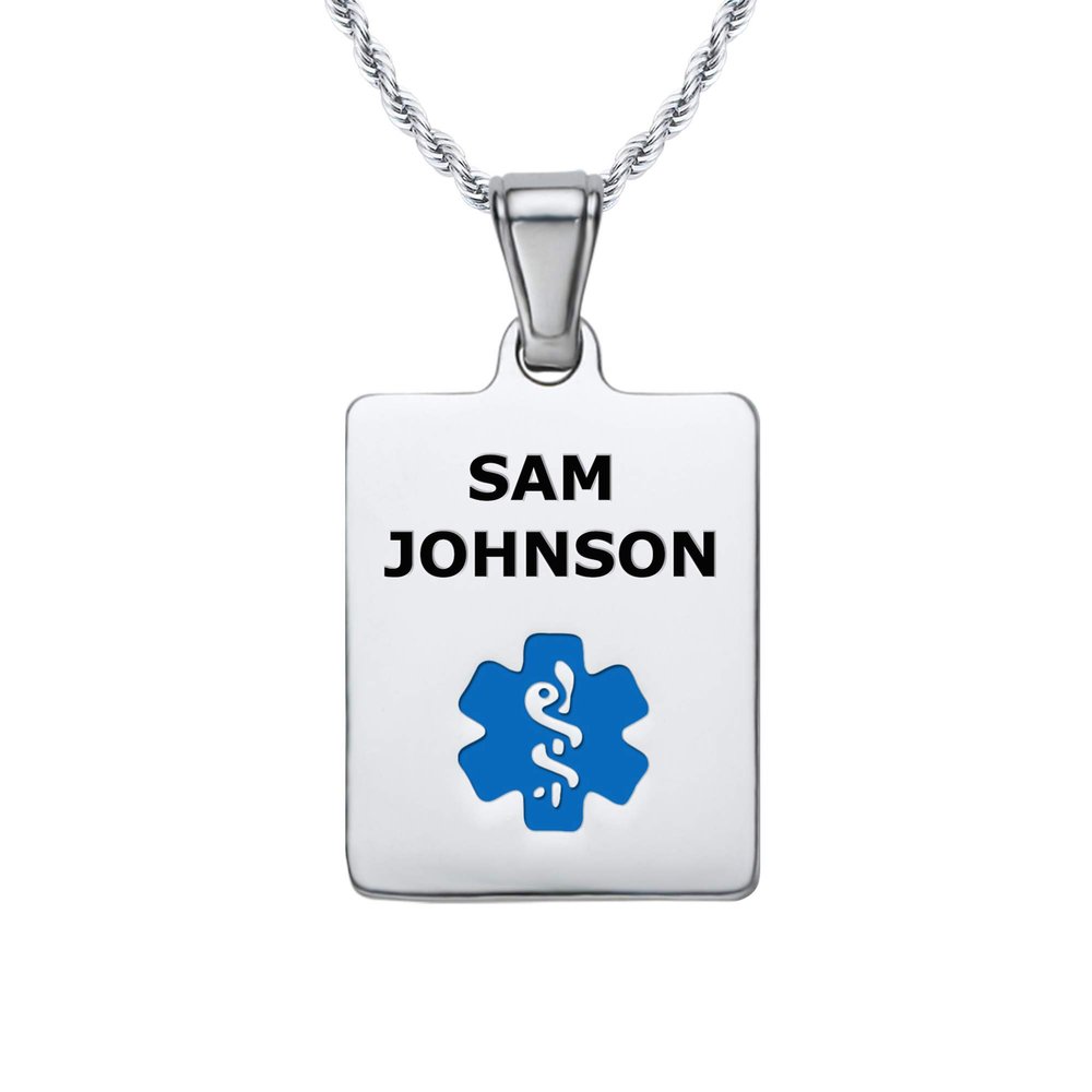Divoti Deep Custom Laser Engraved Stainless Steel Medical Alert Necklace for Women, Sleek Tag Medical ID Necklace, Medical Pendant Tag w/Free Engraving -24/28" Twist Rope Chain -Light Blue