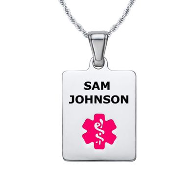 Divoti Deep Custom Laser Engraved Stainless Steel Medical Alert Necklace for Women, Sleek Tag Medical ID Necklace, Medical Pendant Tag w/Free Engraving -24/28" Twist Rope Chain -Vivid Red