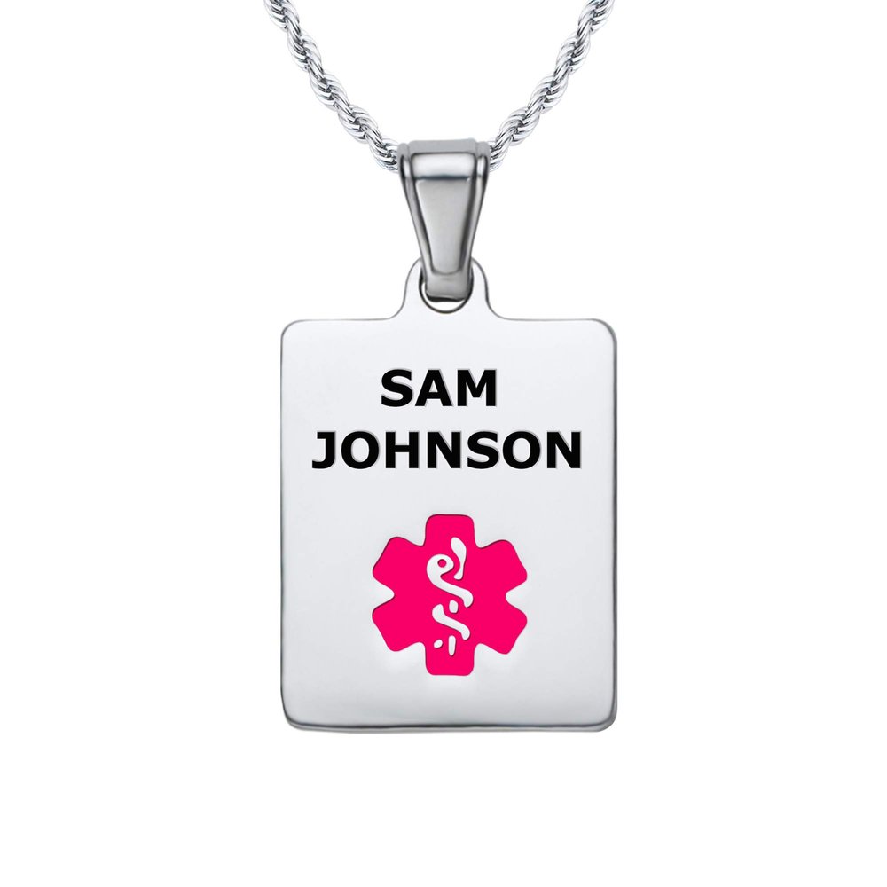Divoti Deep Custom Laser Engraved Stainless Steel Medical Alert Necklace for Women, Sleek Tag Medical ID Necklace, Medical Pendant Tag w/Free Engraving -24/28" Twist Rope Chain -Vivid Red