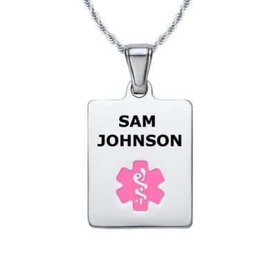 Divoti Deep Custom Laser Engraved Stainless Steel Medical Alert Necklace for Women, Sleek Tag Medical ID Necklace, Medical Pendant Tag w/Free Engraving -24/28" Twist Rope Chain -Pink