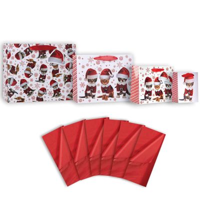 Jillson Roberts 4-Count Gift Bag & Tissue Paper, Kitty Christmas
