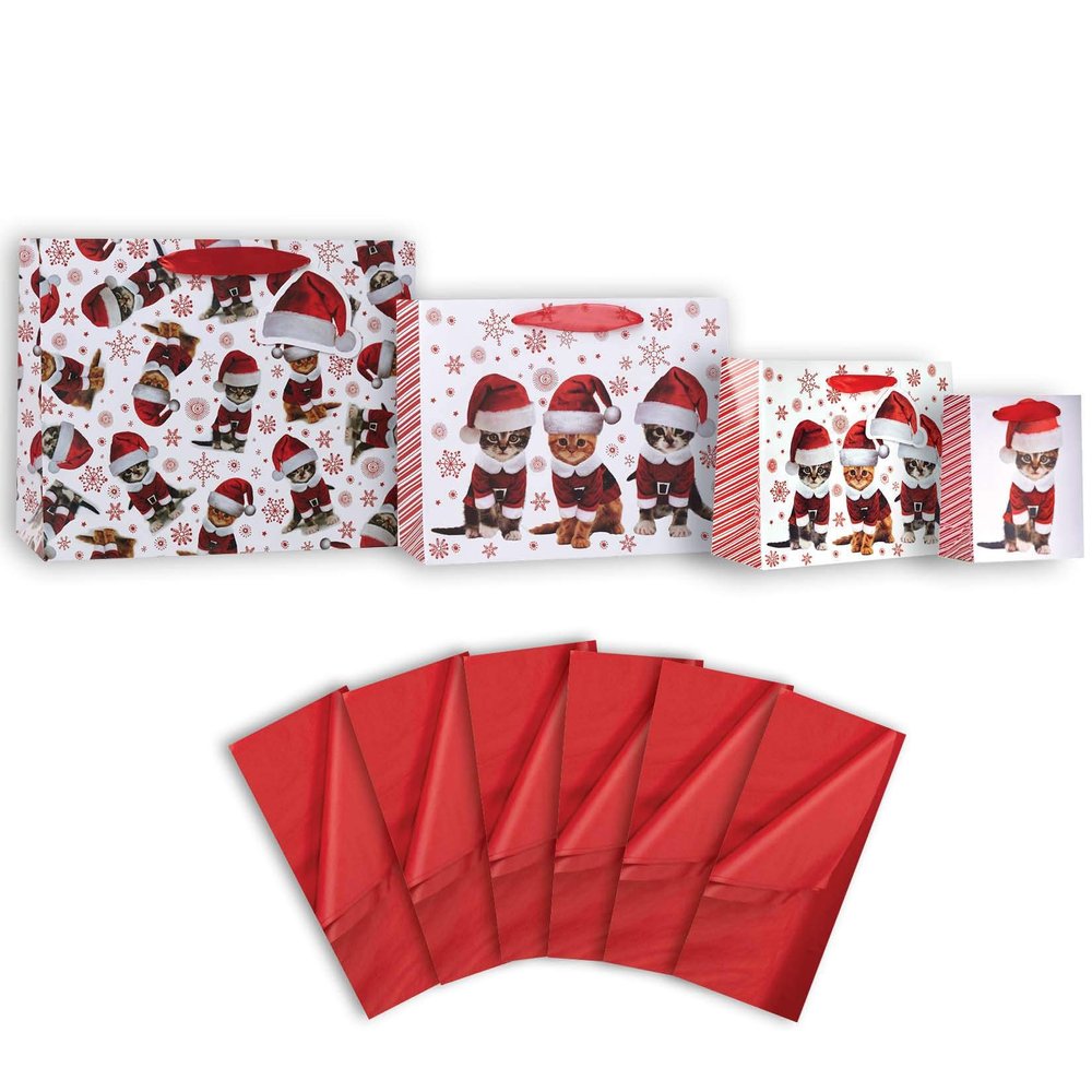 Jillson Roberts 4-Count Gift Bag & Tissue Paper, Kitty Christmas