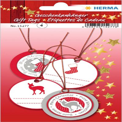 HERMA 15277 Christmas Gift Tags for Writing on Glitter Red White Round Pack of 4 Christmas Tags with Christmas Motif, Children's Hanging Labels for Gifts, Christmas Decoration, DIY