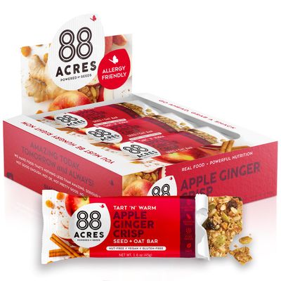 88 Acres Granola Bars, Apple Ginger Crisp, 12 Count, School Safe, Allergen Free Seed & Oat Snack Bar, Gluten & Nut Free, Vegan, Non-GMO & Kosher, Individually Wrapped