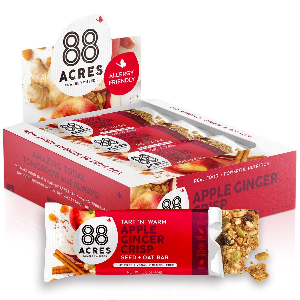 88 Acres Granola Bars, Apple Ginger Crisp, 12 Count, School Safe, Allergen Free Seed & Oat Snack Bar, Gluten & Nut Free, Vegan, Non-GMO & Kosher, Individually Wrapped