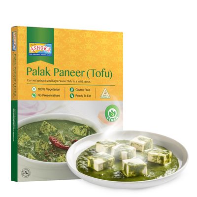 Ashoka Entrees 1932, Plant-Based Tofu & Spinach Curry, All-Natural, Ready to Eat Meals, Palak Paneer, Kosher Certified, Great for Offices, Instant Meals with No Preservatives, Pack of 1