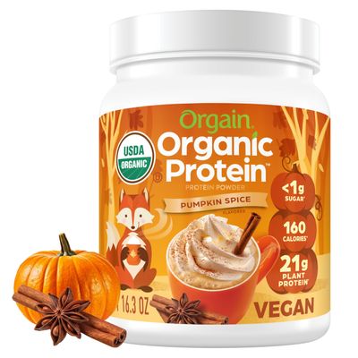 Orgain Organic Vegan Protein Powder, Pumpkin Spice Seasonal Flavor - 21g of Plant Protein, 5g Prebiotic Fiber, No Lactose Ingredients, No Added Sugar, Non-GMO, For Shakes & Smoothies, 1.02 lb