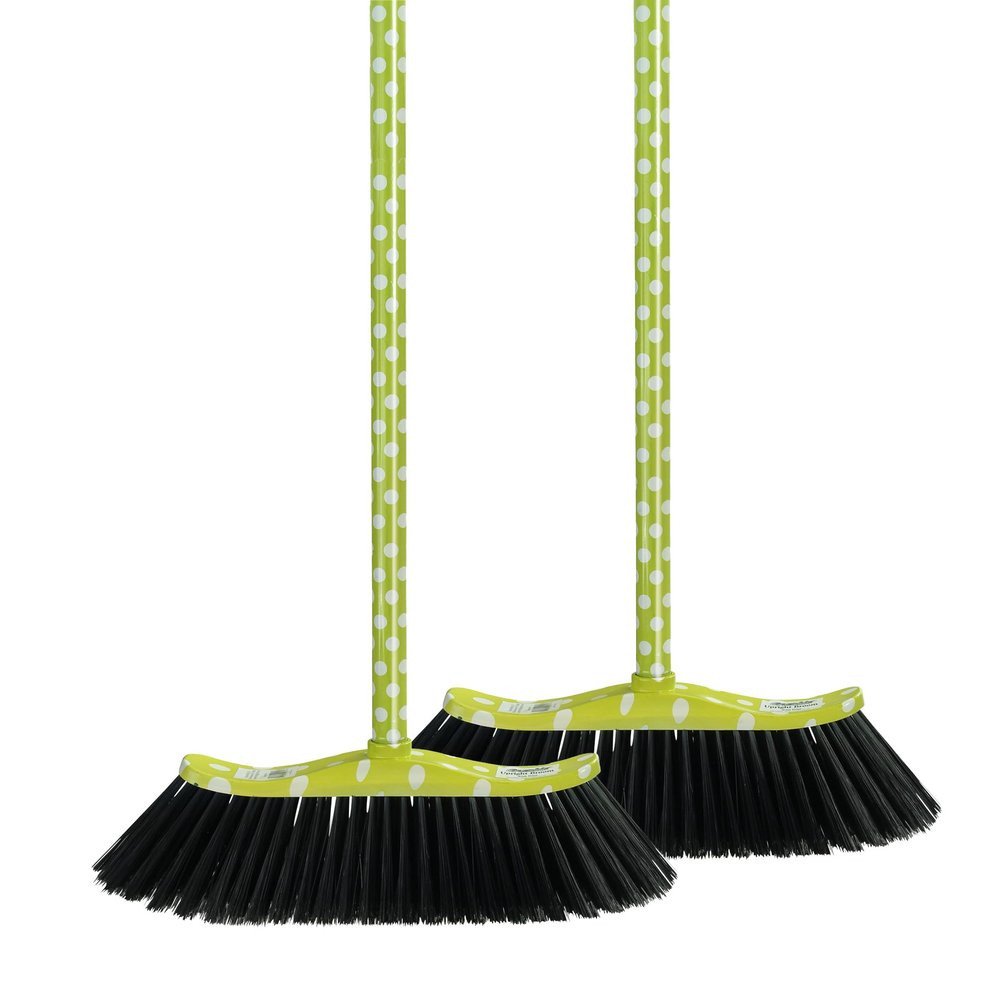 Superio Polka Dot Printed Broom, 2-Pack, Premium Black Plastic Bristles, Heavy-Duty Household & Outdoors, Easy Swiping, Multi-Surface, USA Wooden Handle, 12 Inch Sweeping Head