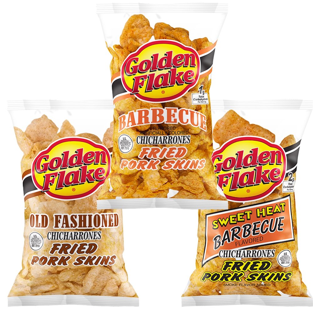 Golden Flake Fried Pork Skins: Old Fashioned, Barbecue, Sweet Heat Barbecue Variety 3-Pack