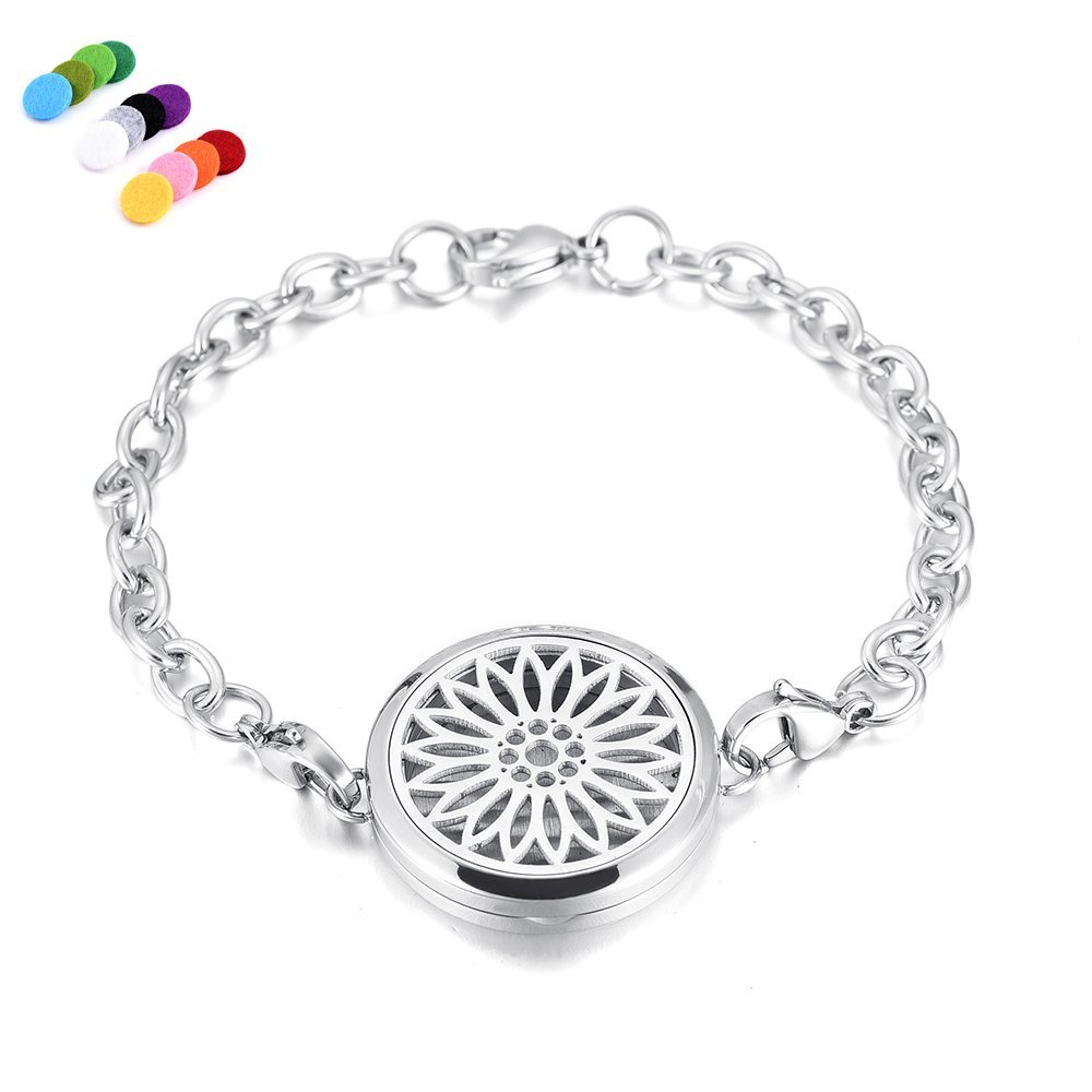 20 Different Design 316L Stainless Steel Chain Bracelet Fragrancy Diffuser Fashion Essential Oil Diffuser Bracelet Jewelry (Sunflower)