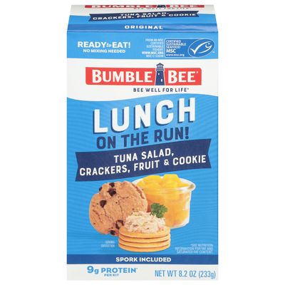 Bumble Bee Lunch On The Run Tuna Salad with Crackers Kit, 8.2 oz - Ready to Eat, Includes Crackers, Cookie & Peaches - Wild Caught Tuna - Shelf Stable & Convenient Source of Protein
