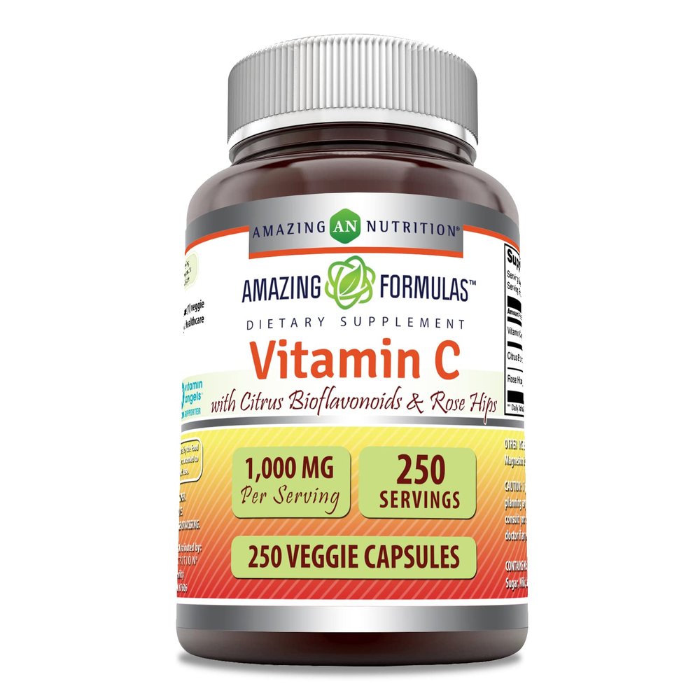 Amazing Formulas Vitamin C with Rose HIPS & Citrus Bioflavonoids | 1000 Mg per Serving Supplement | 250 Veggie Capsules | Non-GMO | Gluten-Free | Made in USA