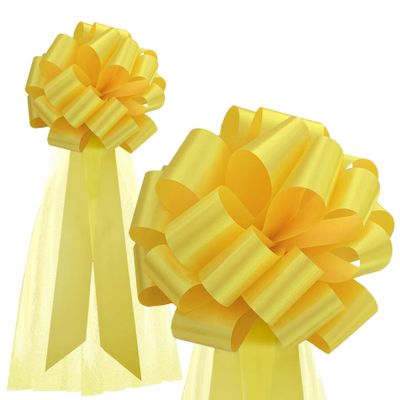 Large Yellow Wedding Pull Bows with Long Tulle Tails - 9" Wide, Set of 6, Support Our Troops Ribbon, Summer Decor, School Dance, Birthday, Fundraiser, Christmas, Mardi Gras, Easter