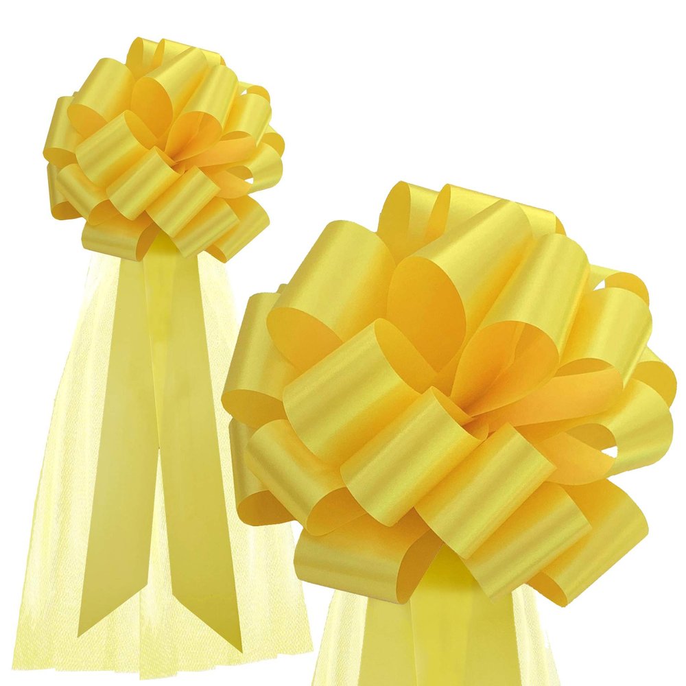 Large Yellow Wedding Pull Bows with Long Tulle Tails - 9" Wide, Set of 6, Support Our Troops Ribbon, Summer Decor, School Dance, Birthday, Fundraiser, Christmas, Mardi Gras, Easter