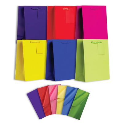 JILLSON & ROBERTS 6-Count All-Occasion Medium Gift Bags with Tissue Solid Color Assortment, Perfectly Primary