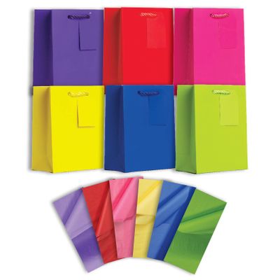JILLSON & ROBERTS 6-Count All-Occasion Small Gift Bags with Tissue Solid Color Assortment, Perfectly Primary