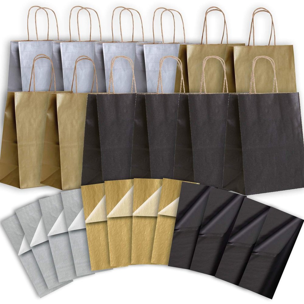 Jillson Roberts 12-Count Solid Color Medium Kraft Bags and Tissue Set Available in 3 Different Assortments, Elegant Essentials