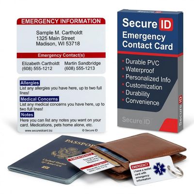 Custom Emergency Contact Wallet Card | Waterproof ICE Medical Alert for Wallet | PVC ID with Allergies, Medications, Hidden Disabilities and Conditions | Includes Key Tag | Durable, USA Made
