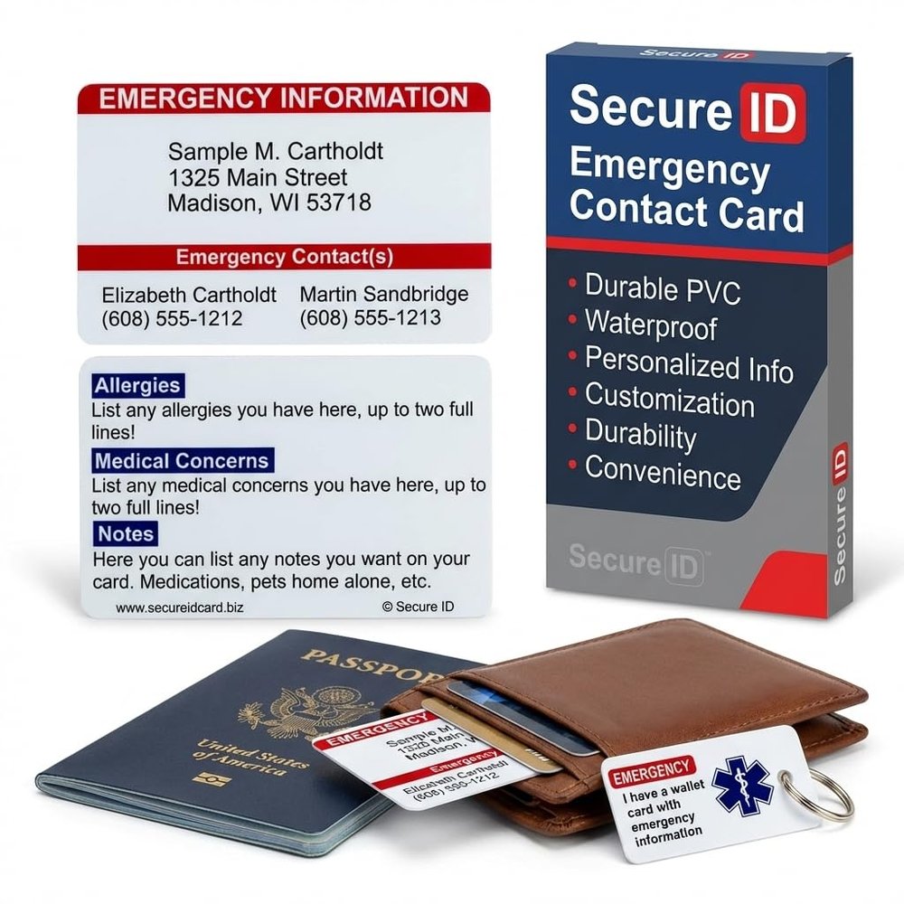 Custom Emergency Contact Wallet Card | Waterproof ICE Medical Alert for Wallet | PVC ID with Allergies, Medications, Hidden Disabilities and Conditions | Includes Key Tag | Durable, USA Made