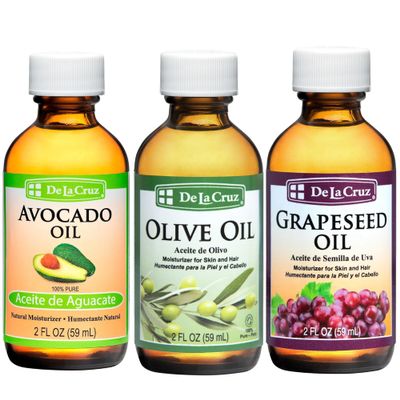 De La Cruz Avocado Oil, Pure Olive Oil and Grapeseed Oil Bundle - 100% Expeller Pressed Pure and Natural Oils for Hair and Body - Lightweight Body Oil Collection for Dry Skin