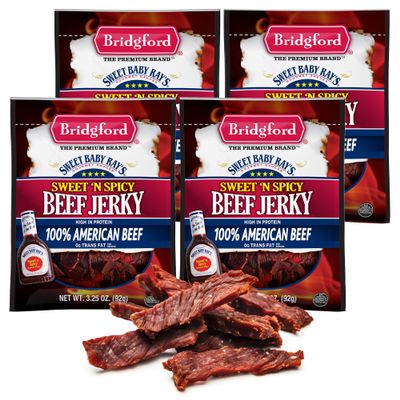 Bridgford Sweet Baby Ray's Beef Jerky Sweet N Spicy 3.25 oz Pack of 4 - High Protein Sweetened Spicy Beef Jerky for Your Dietary Preference - Ready-to-Eat Snacks for On-The-Go Snacking
