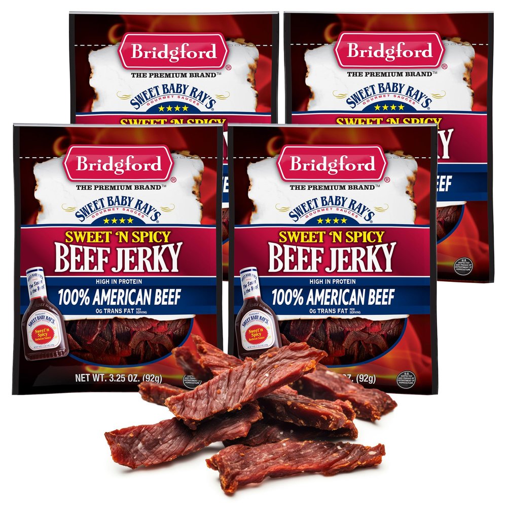 Bridgford Sweet Baby Ray's Beef Jerky Sweet N Spicy 3.25 oz Pack of 4 - High Protein Sweetened Spicy Beef Jerky for Your Dietary Preference - Ready-to-Eat Snacks for On-The-Go Snacking