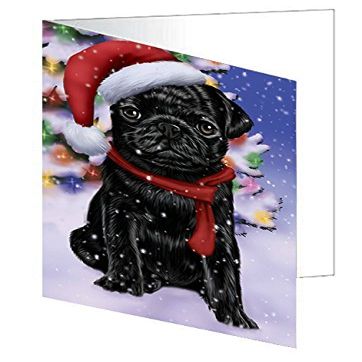 Winterland Wonderland Pug Dog in Christmas Holiday Scenic Background Note Card (10)