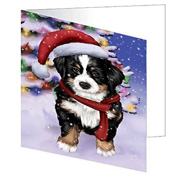 Winterland Wonderland Bernese Mountain Dog in Christmas Holiday Scenic Background Note Card (10)