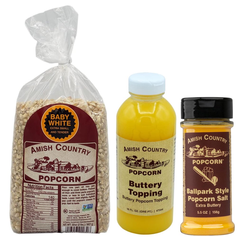 Amish Country Popcorn | 2 lb Bag | Baby White Popcorn Kernels with Buttery Topping & ButterSalt | Old Fashioned, Non-GMO and Gluten Free