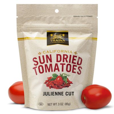 Traina Home Grown California Sun Dried Julienne Cut Sun Dried Tomatoes - 3 oz.,12 pk - Non GMO, Gluten Free, Kosher, Packed in Resealable Pouch (Pack of 12)