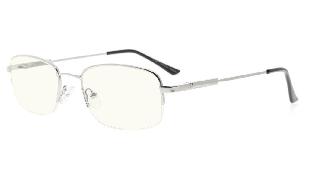 Eyekepper Blue Light Blocking Reading Glasses Bendable Titanium Memory Readers Half-Rim Computer Glasses, Light Amber Tinted Lenses (Silver,+2.25)