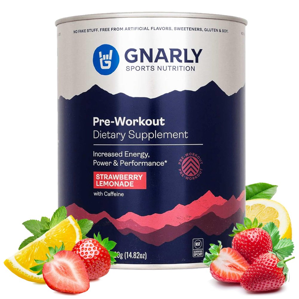 Gnarly Nutrition Natural Pre-Workout Powder, Strawberry Lemonade  NSF Sport Certified, Endurance & Recovery  Vegan Pre-Workout, Sports Nutrition  Strawberry Lemonade with Caffeine, 14.82 oz