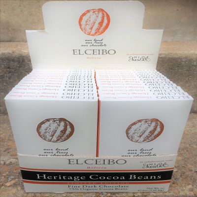 El Ceibo fine dark chocolate Heritage 75% from wild beans. 16.80 oz. Box of 24 units