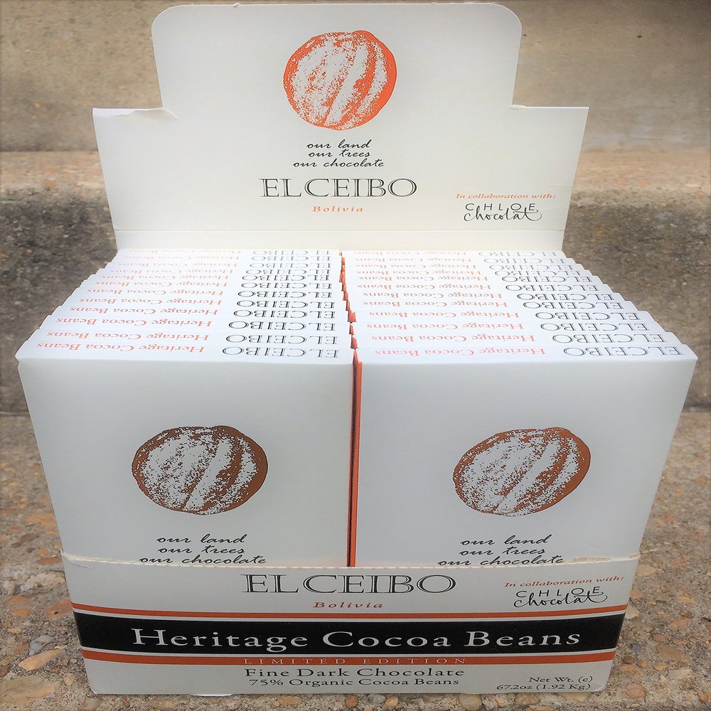 El Ceibo fine dark chocolate Heritage 75% from wild beans. 16.80 oz. Box of 24 units